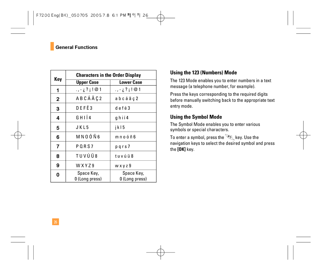 LG Electronics F7200 manual Using the 123 Numbers Mode, Using the Symbol Mode 