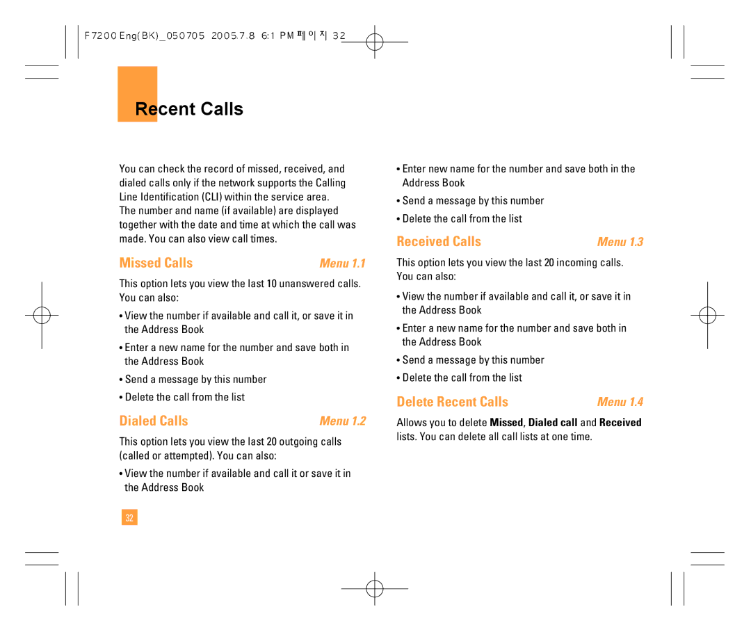 LG Electronics F7200 manual Missed Calls, Dialed Calls, Received Calls, Delete Recent Calls 