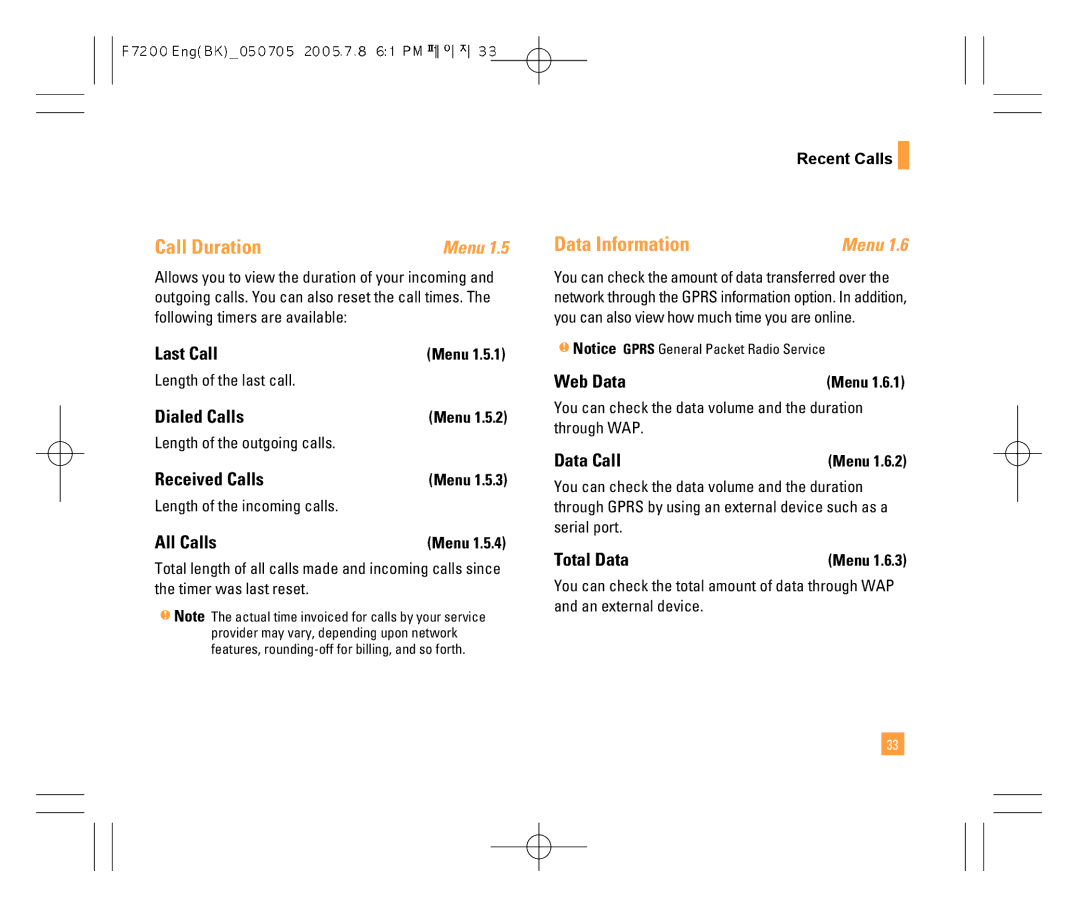 LG Electronics F7200 manual Call Duration, Data Information 