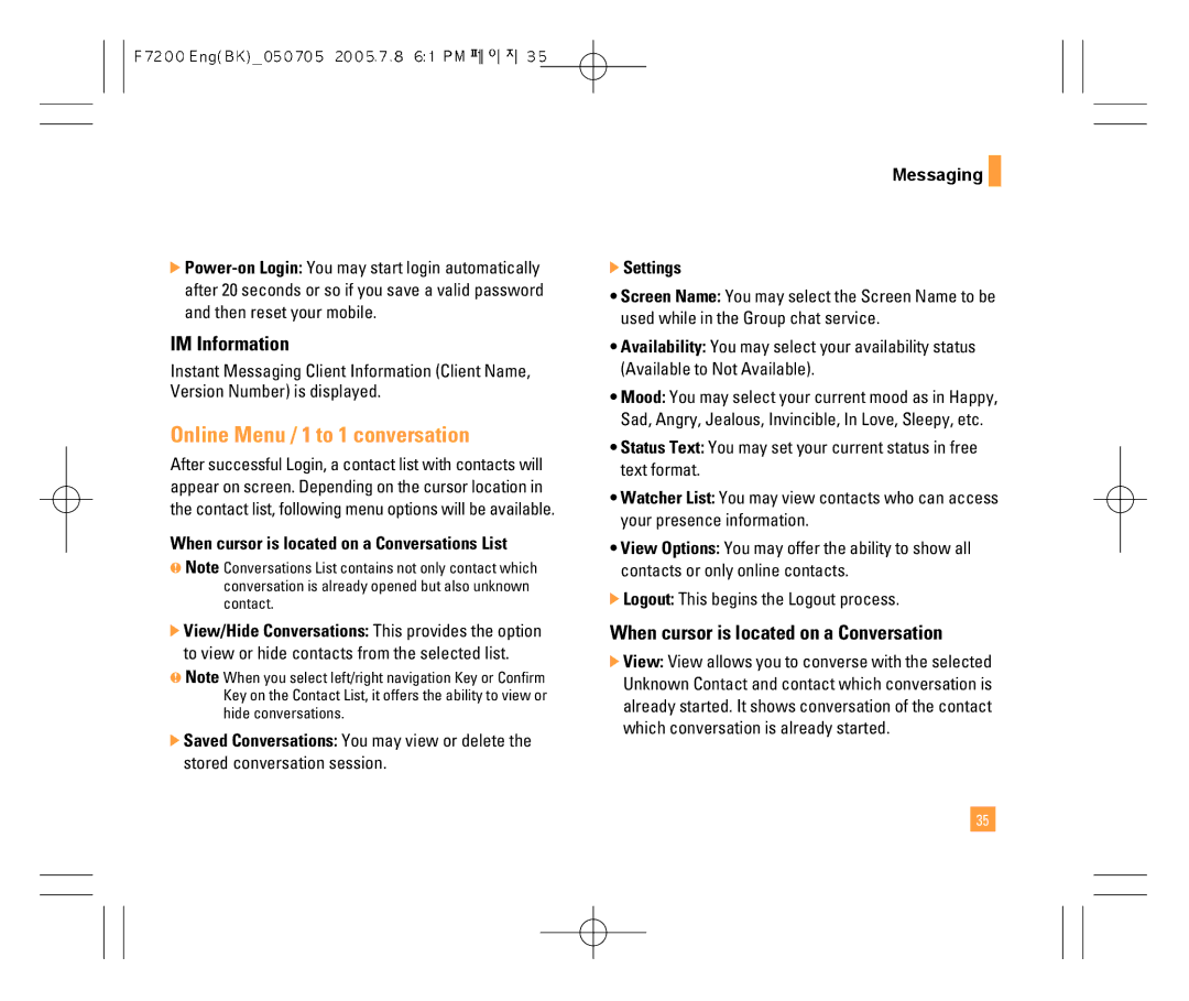 LG Electronics F7200 manual Online Menu / 1 to 1 conversation, IM Information, When cursor is located on a Conversation 