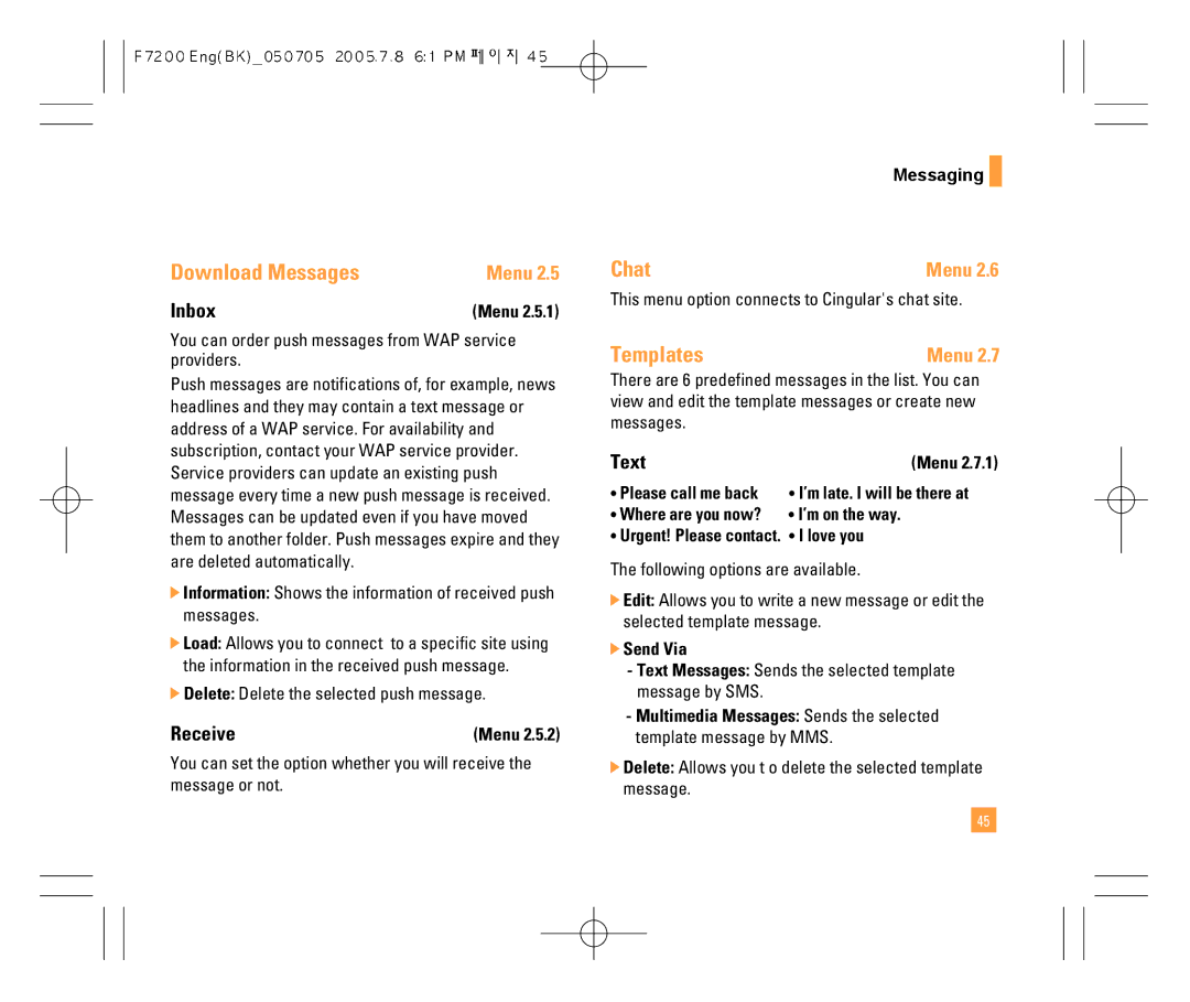 LG Electronics F7200 manual Download Messages, Chat, Templates, Receive, Text 