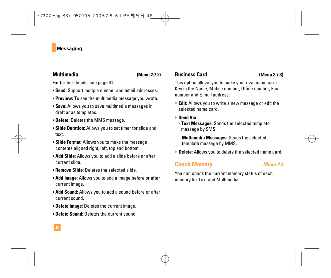 LG Electronics F7200 manual Check Memory, Multimedia, Business Card, Delete Allows you to delete the selected name card 
