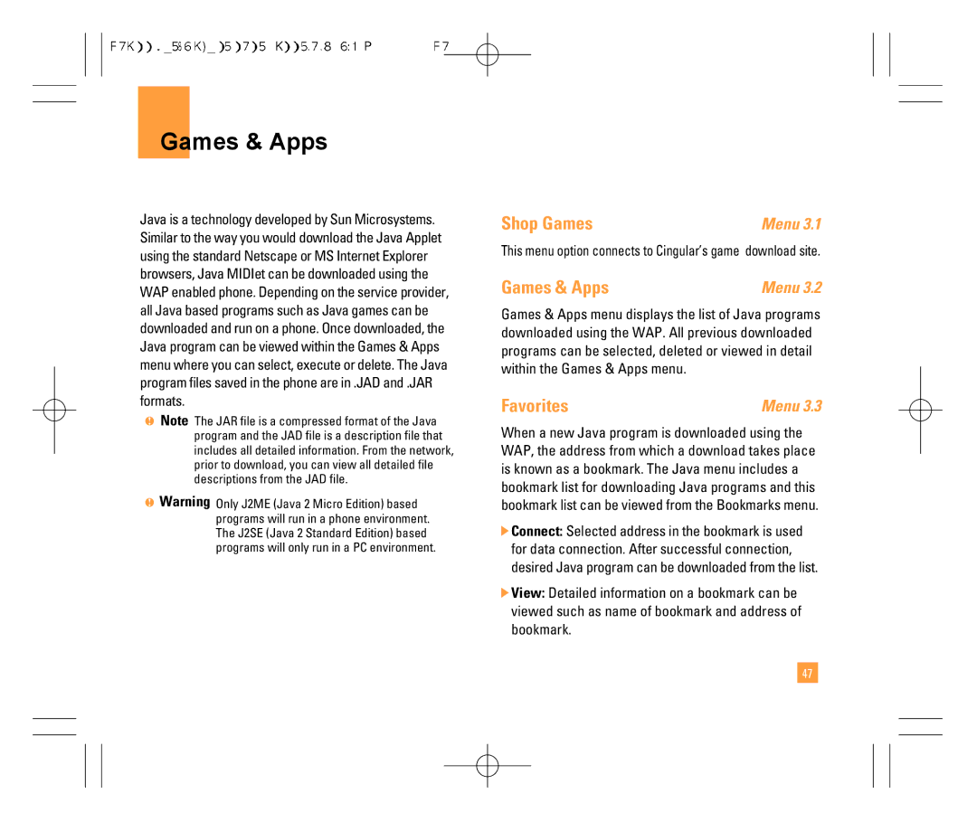 LG Electronics F7200 manual Games & Apps, Shop Games, Favorites, This menu option connects to Cingular’s game download site 