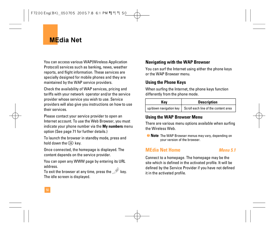 LG Electronics F7200 MEdia Net Home, Navigating with the WAP Browser, Using the Phone Keys, Using the WAP Browser Menu 