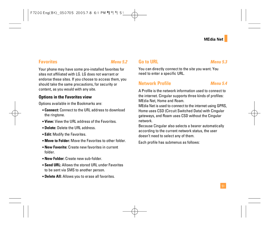 LG Electronics F7200 manual Go to URL, Network Profile, Options in the Favorites view, MEdia Net 