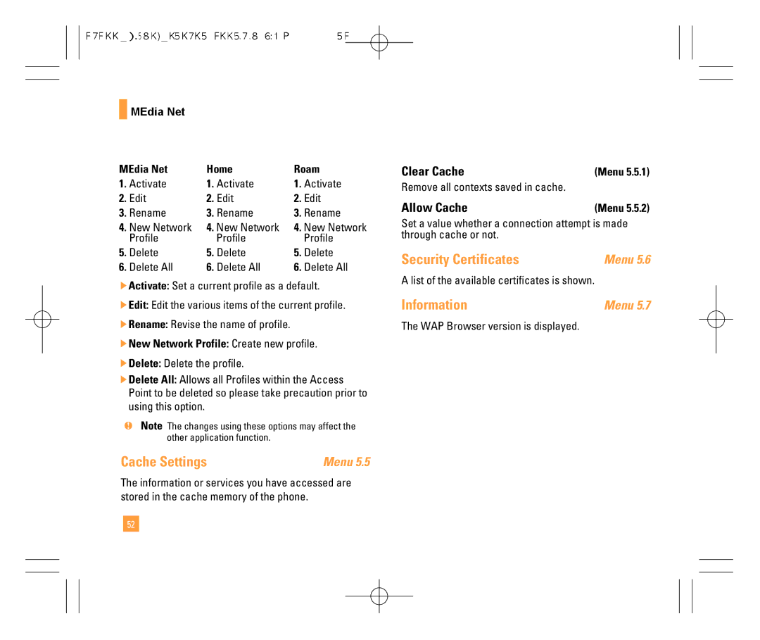 LG Electronics F7200 manual Cache Settings, Security Certificates, Clear Cache, Allow Cache 