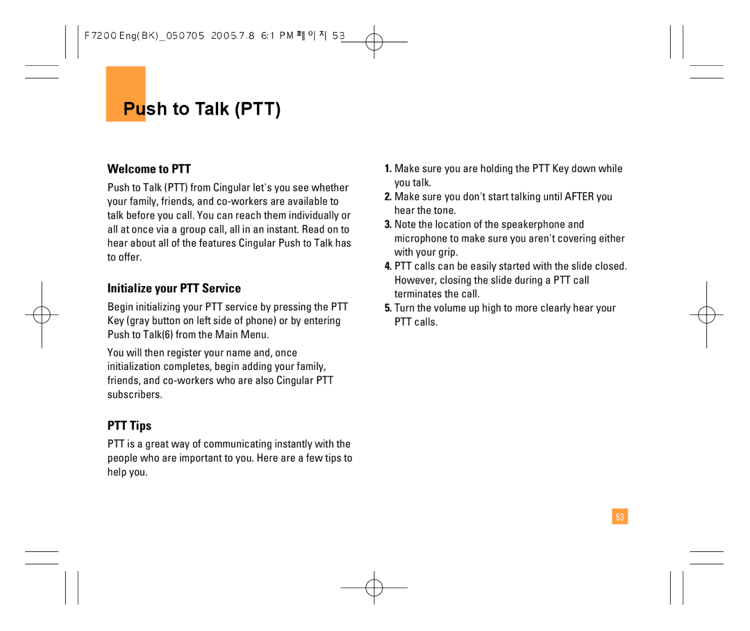 LG Electronics F7200 manual Push to Talk PTT, Welcome to PTT, Initialize your PTT Service, PTT Tips 