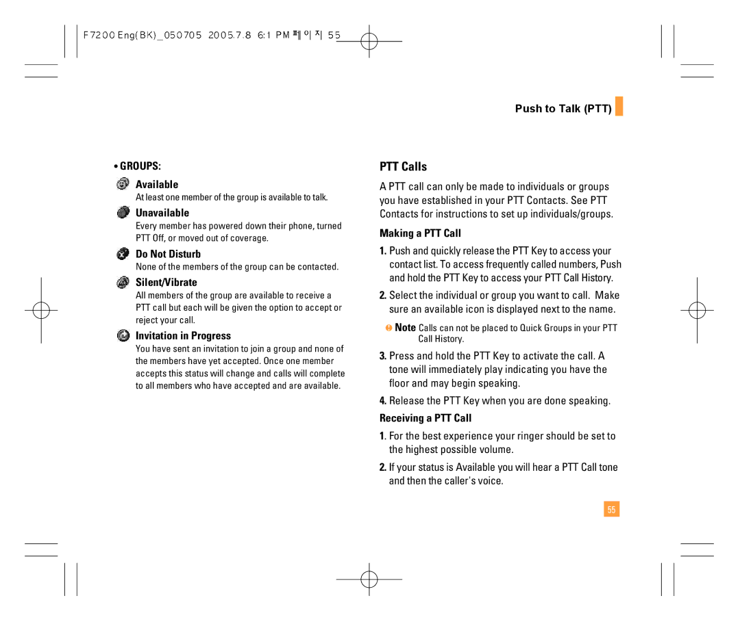 LG Electronics F7200 manual PTT Calls, Making a PTT Call, Receiving a PTT Call 