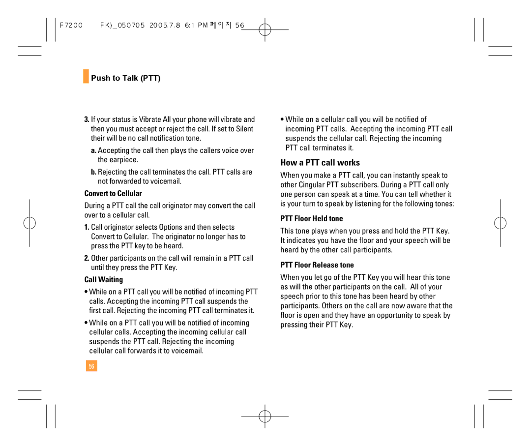 LG Electronics F7200 How a PTT call works, Convert to Cellular, Call Waiting, PTT Floor Held tone, PTT Floor Release tone 