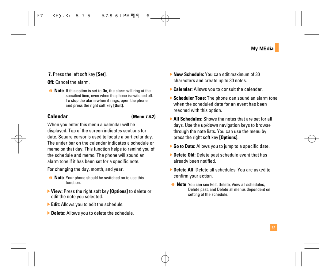 LG Electronics F7200 manual Calendar, Press the left soft key Set Off Cancel the alarm 