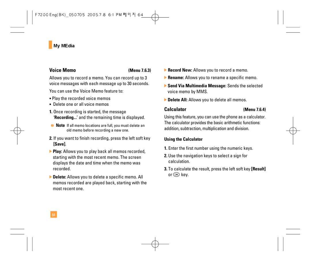 LG Electronics F7200 manual Voice Memo, Delete All Allows you to delete all memos, Using the Calculator 