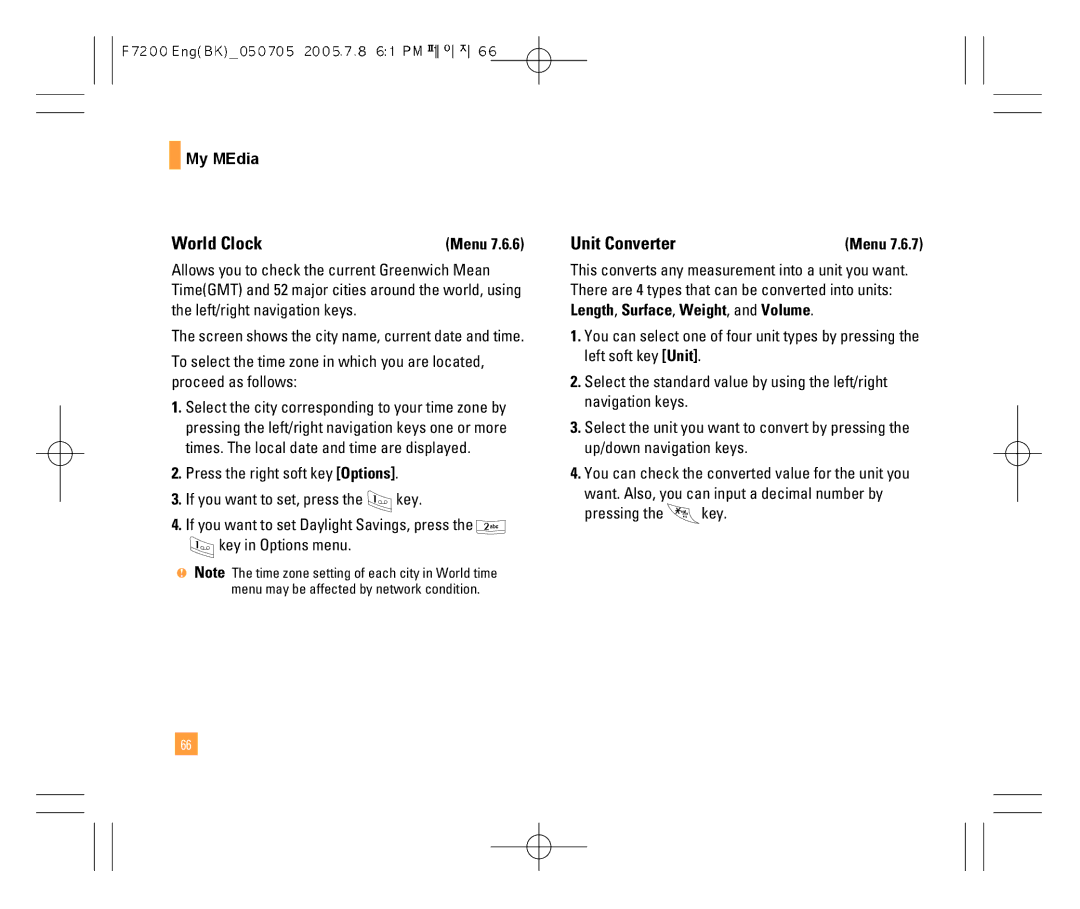 LG Electronics F7200 manual World Clock, Unit Converter 