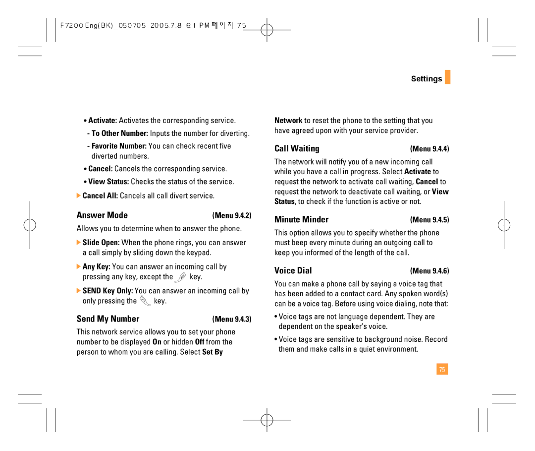 LG Electronics F7200 manual Answer Mode, Send My Number, Call Waiting, Minute Minder, Voice Dial 