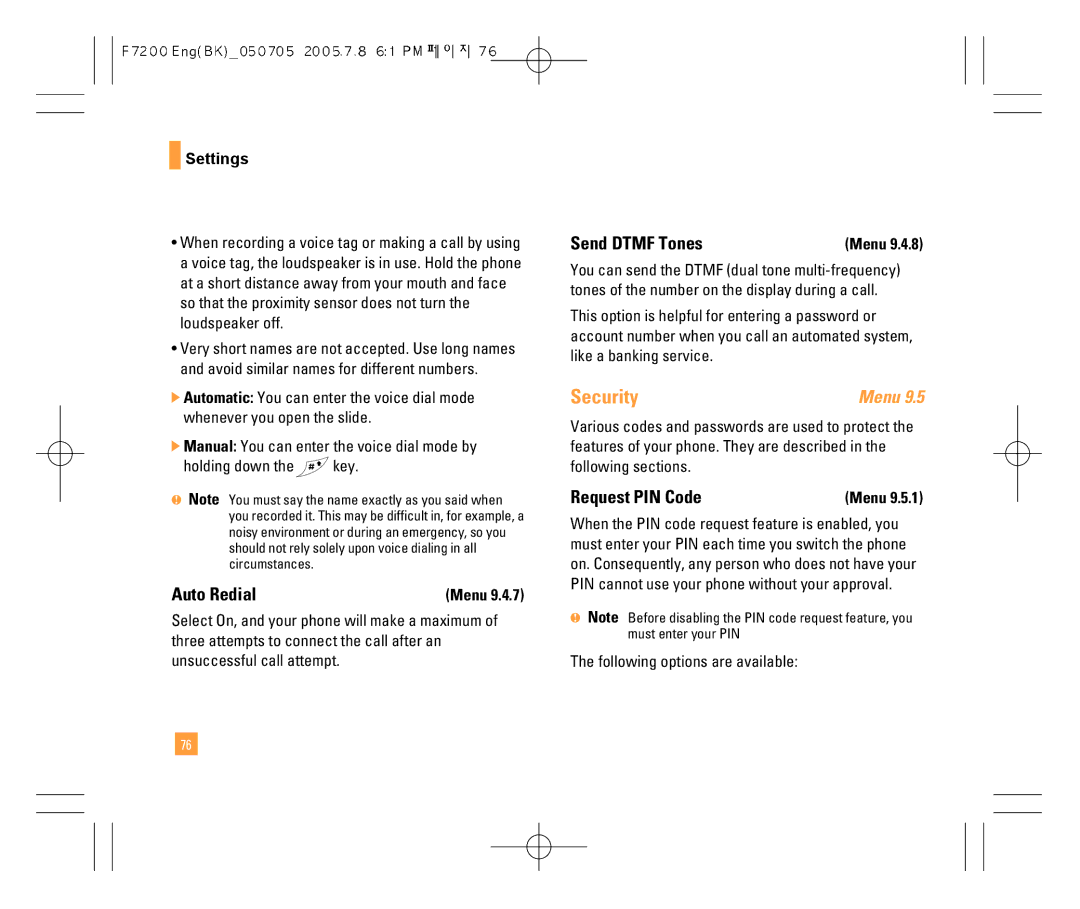 LG Electronics F7200 manual Security, Auto Redial, Send Dtmf Tones, Request PIN Code 