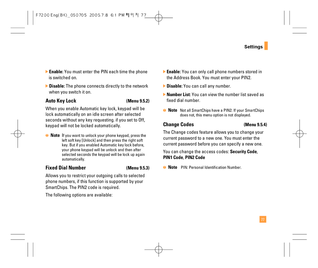 LG Electronics F7200 manual Auto Key Lock, Fixed Dial Number, Change Codes 