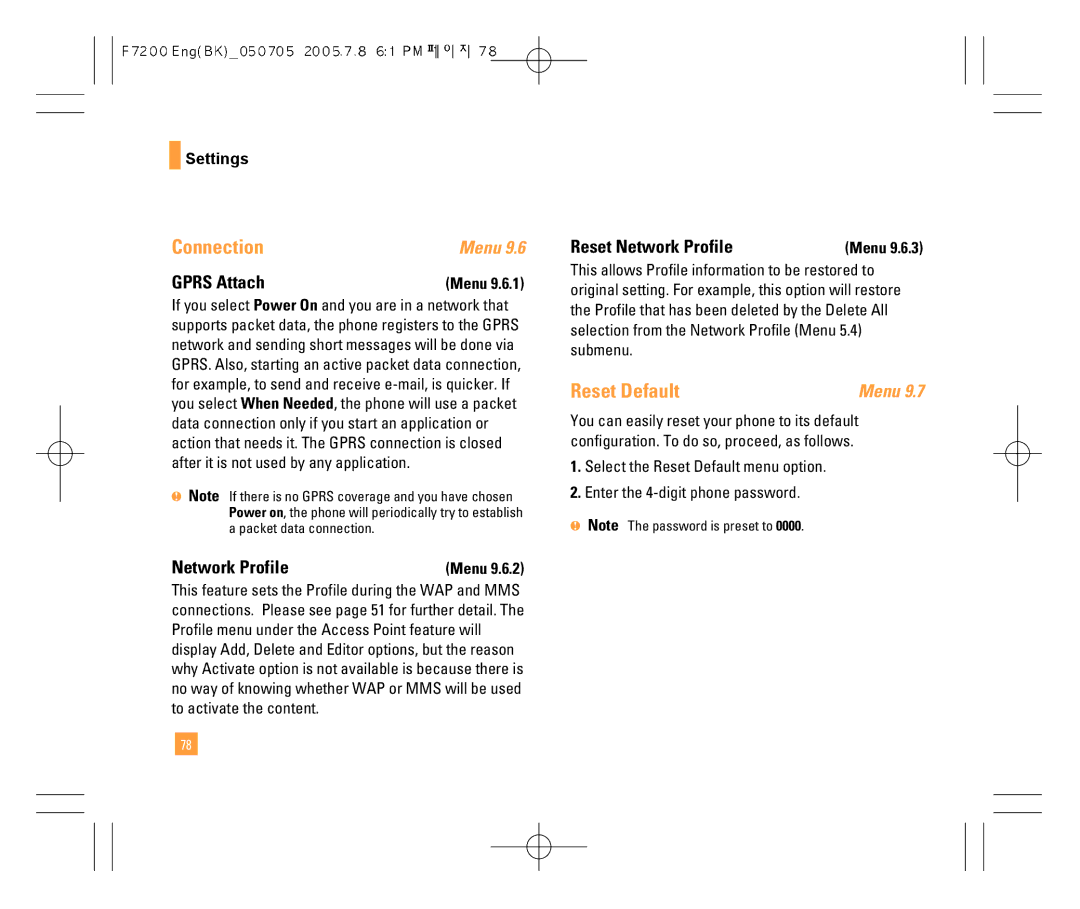 LG Electronics F7200 manual Connection, Reset Default, Gprs Attach, Reset Network Profile 