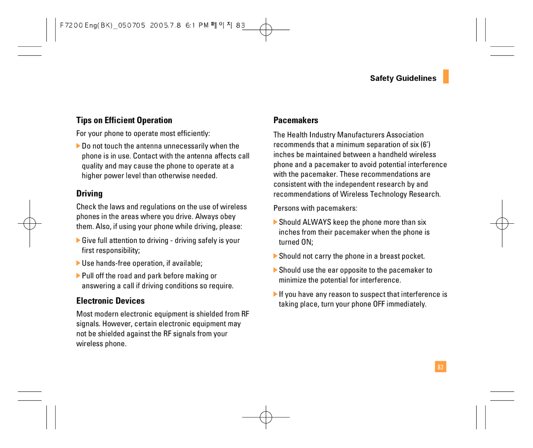 LG Electronics F7200 manual Tips on Efficient Operation, Driving, Electronic Devices, Pacemakers, Safety Guidelines 