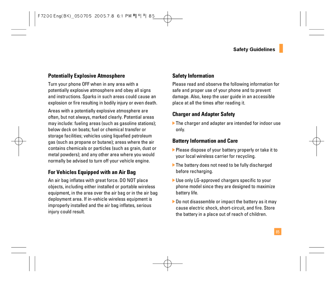 LG Electronics F7200 Potentially Explosive Atmosphere, For Vehicles Equipped with an Air Bag, Charger and Adapter Safety 