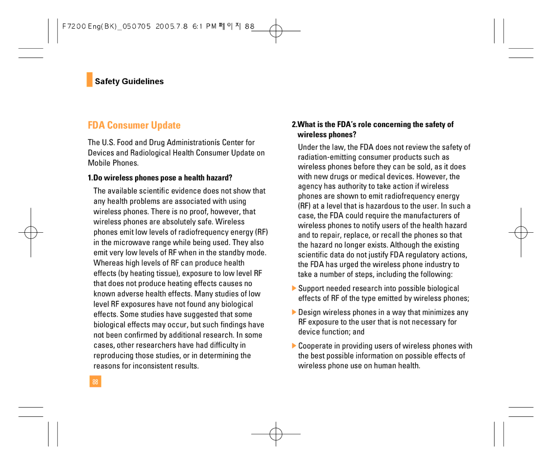 LG Electronics F7200 manual FDA Consumer Update, Do wireless phones pose a health hazard? 