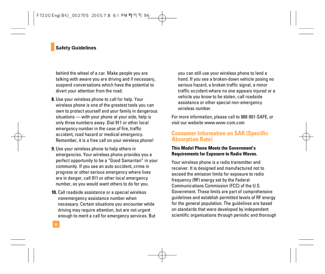 LG Electronics F7200 manual Consumer Information on SAR Specific Absorption Rate 