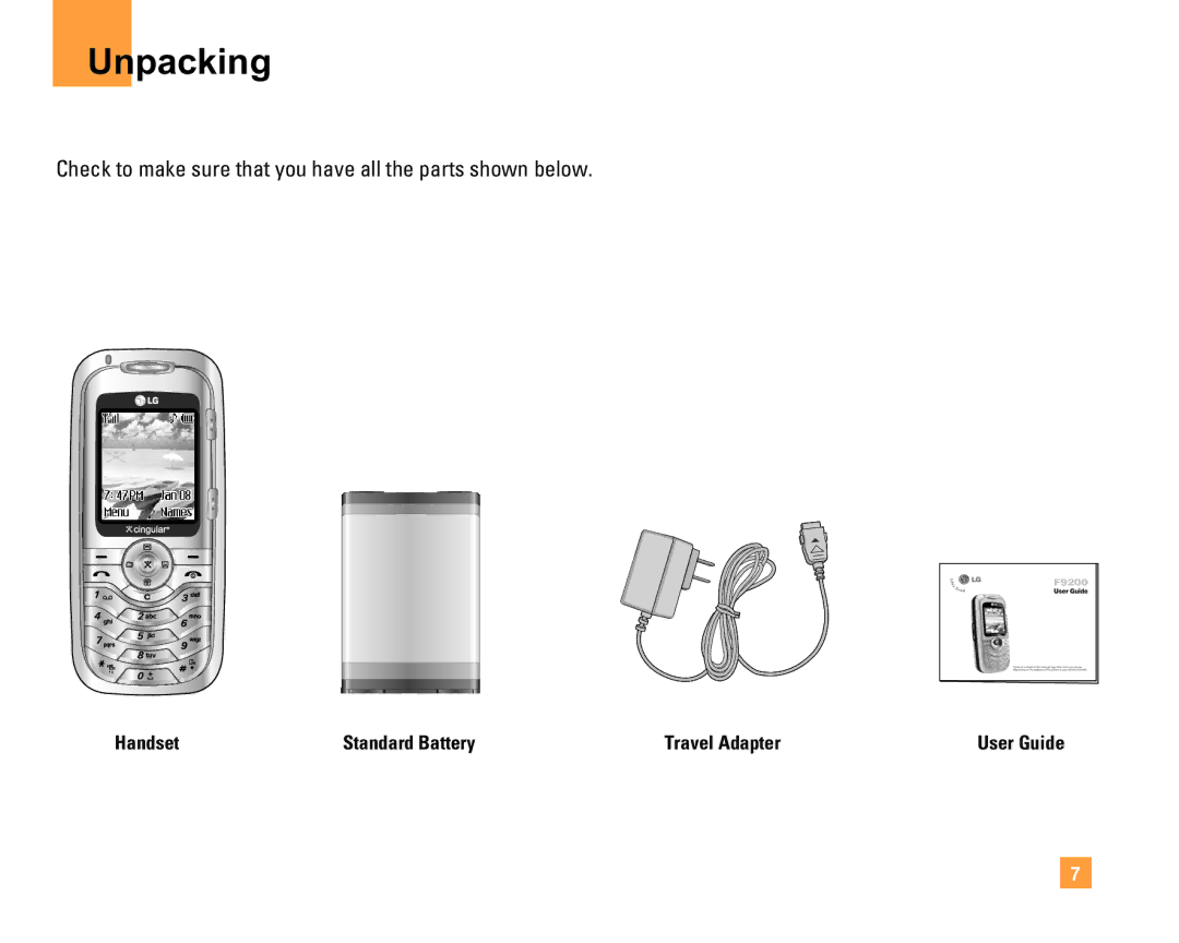 LG Electronics F9200 manual Unpacking, Check to make sure that you have all the parts shown below 