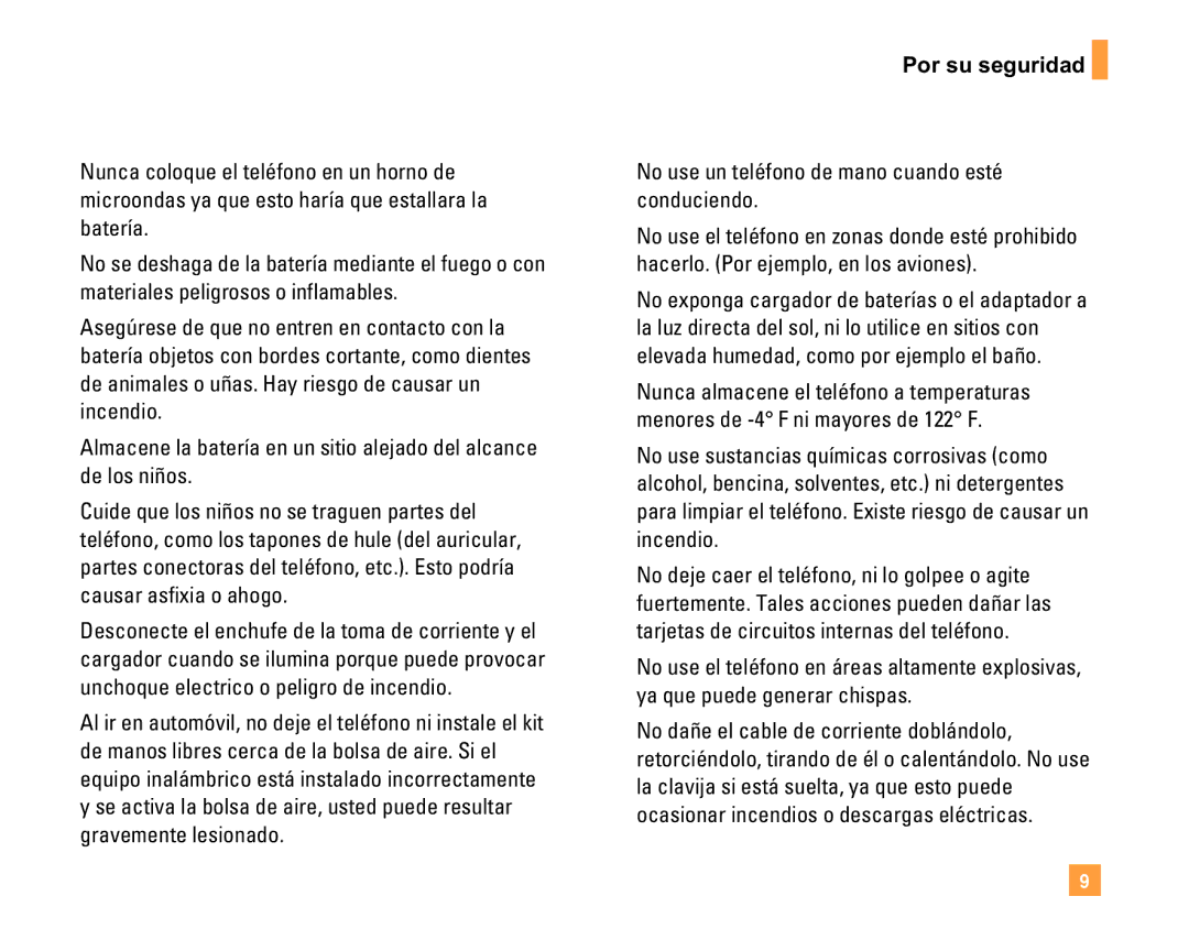 LG Electronics F9200 manual Por su seguridad, No use un teléfono de mano cuando esté conduciendo 