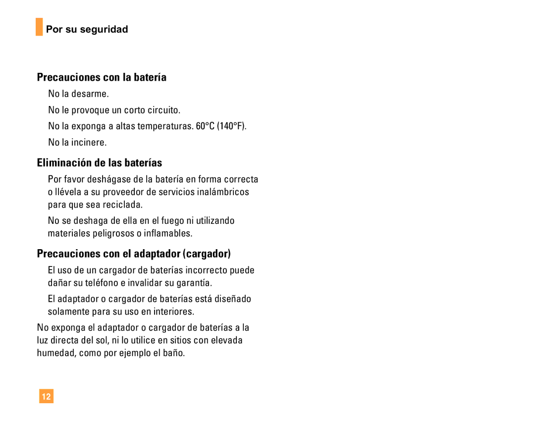 LG Electronics F9200 Precauciones con la batería, Eliminación de las baterías, Precauciones con el adaptador cargador 