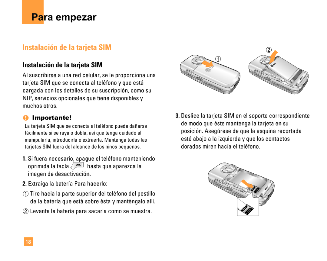 LG Electronics F9200 manual Para empezar, Instalación de la tarjeta SIM, Importante 