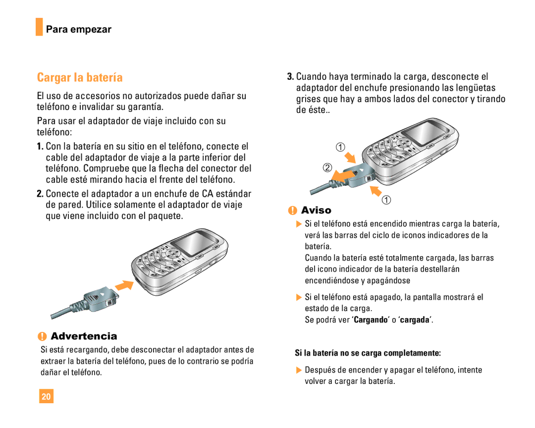 LG Electronics F9200 manual Cargar la batería, Advertencia, Aviso 