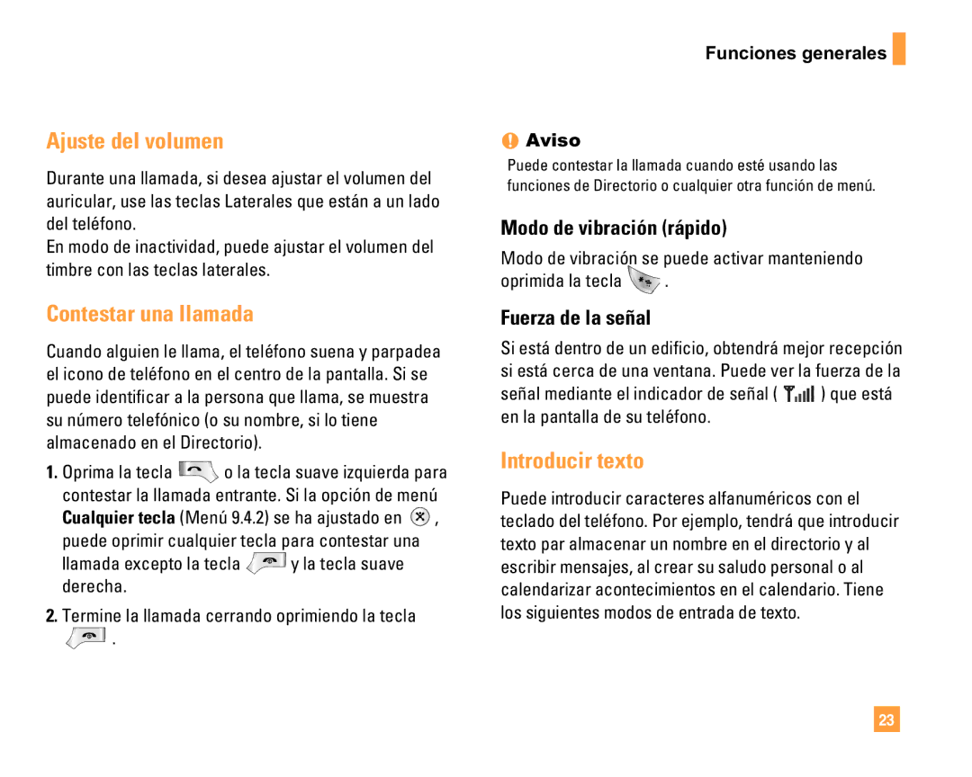 LG Electronics F9200 manual Ajuste del volumen, Contestar una llamada, Introducir texto, Modo de vibración rápido 