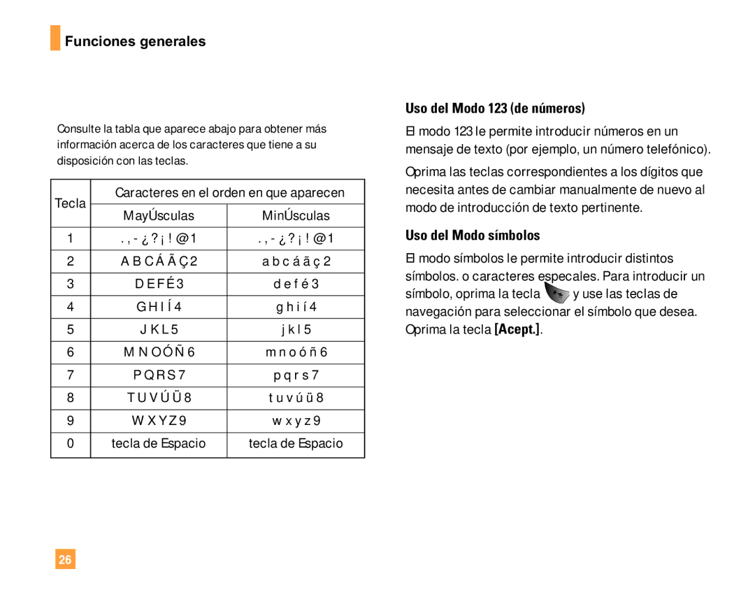 LG Electronics F9200 manual Uso del Modo 123 de números, Uso del Modo símbolos 