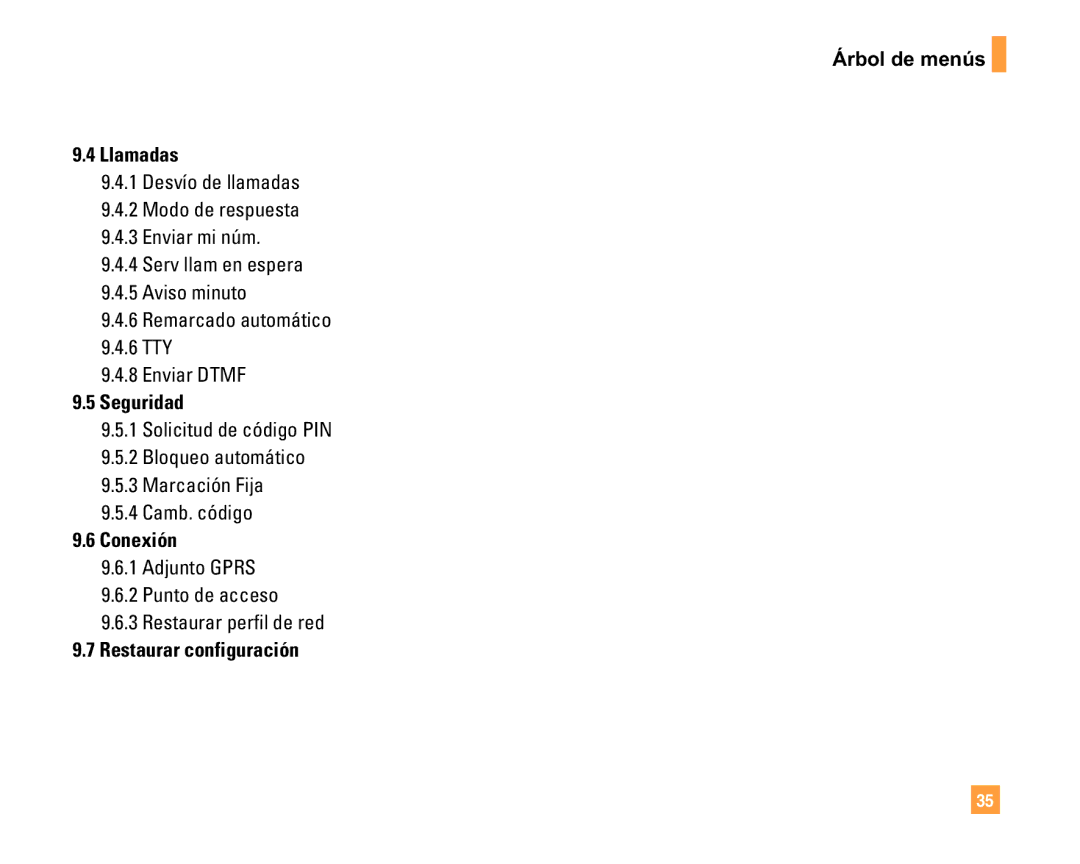 LG Electronics F9200 Árbol de menús Llamadas, Seguridad, Conexión, Adjunto Gprs Punto de acceso Restaurar perfil de red 