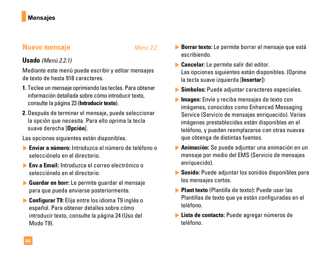 LG Electronics F9200 manual Nuevo mensaje, Usado Menú, Lista de contacto Puede agregar números de teléfono 