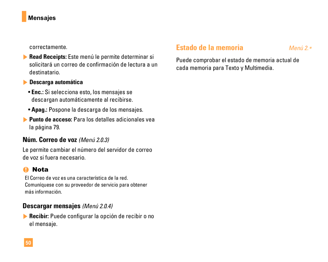 LG Electronics F9200 manual Estado de la memoria, Núm. Correo de voz Menú, Descargar mensajes Menú, Descarga automática 