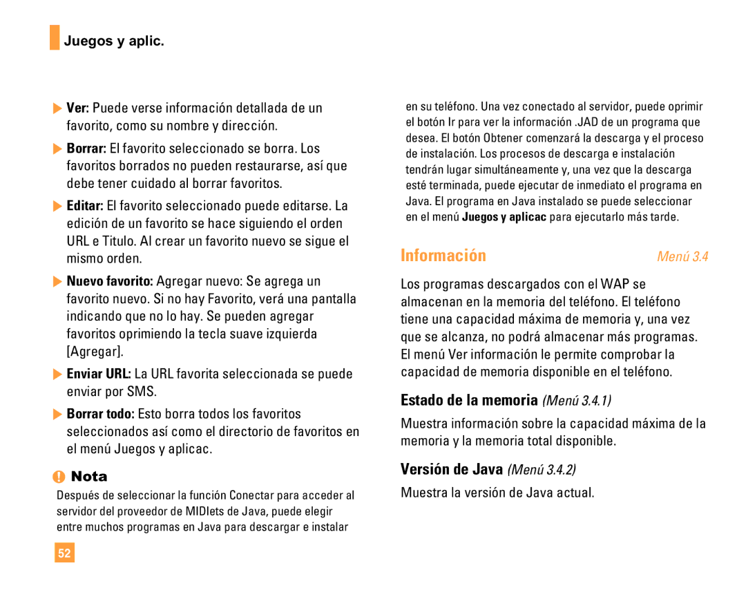 LG Electronics F9200 manual Información, Estado de la memoria Menú, Versión de Java Menú, Muestra la versión de Java actual 