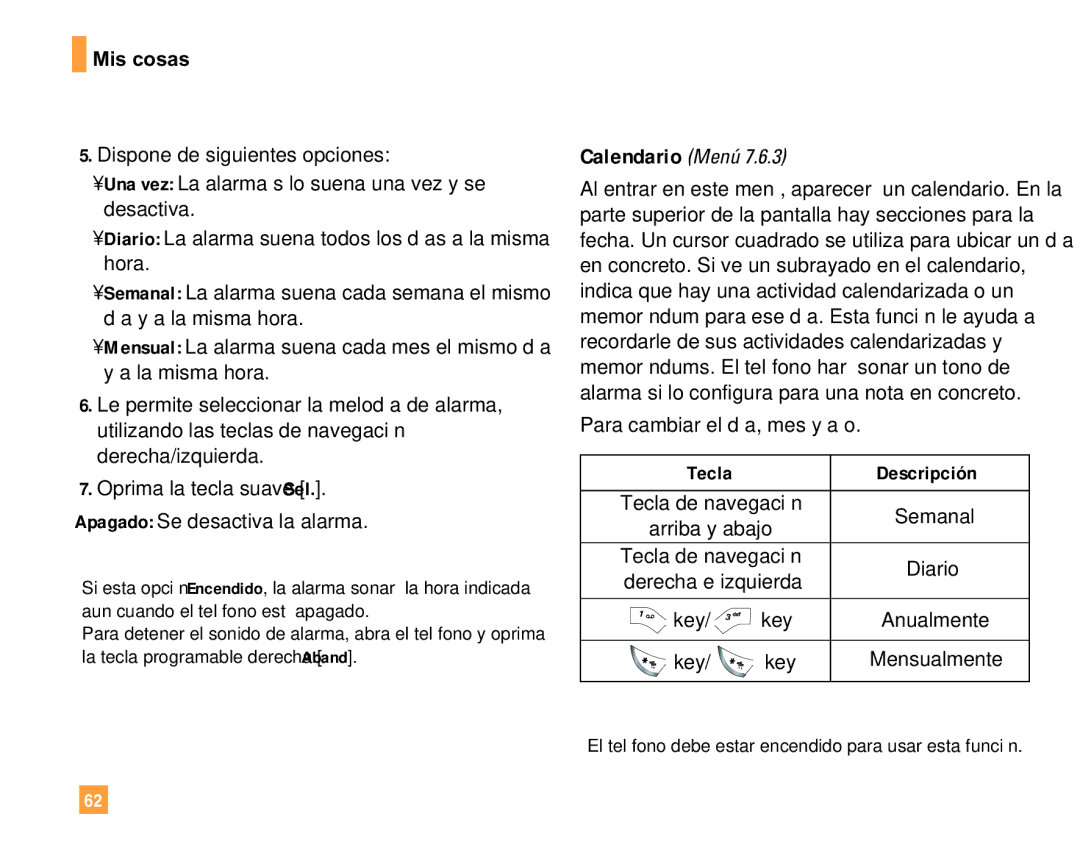 LG Electronics F9200 manual Calendario Menú, Para cambiar el día, mes y año, Tecla 