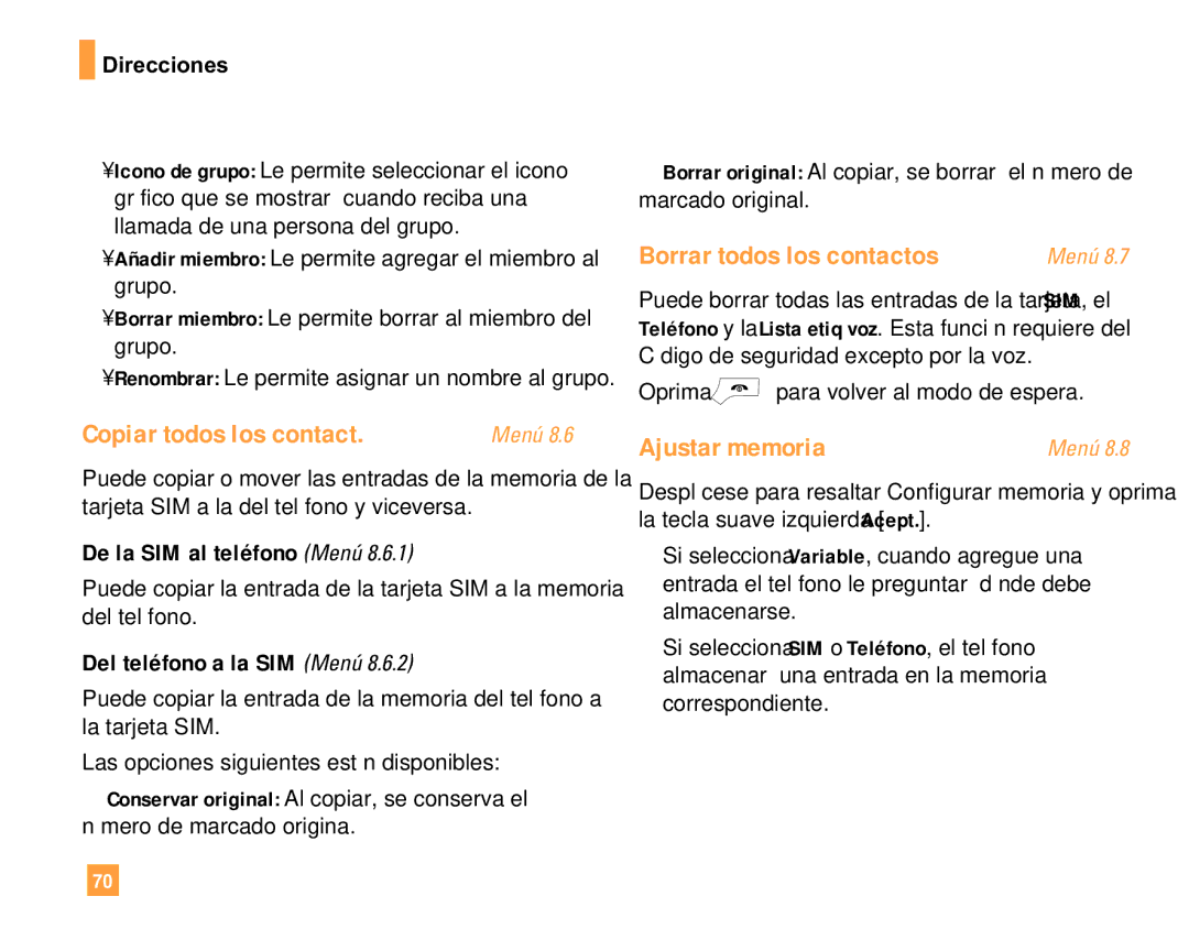 LG Electronics F9200 Copiar todos los contact, Borrar todos los contactos, Ajustar memoria, De la SIM al teléfono Menú 