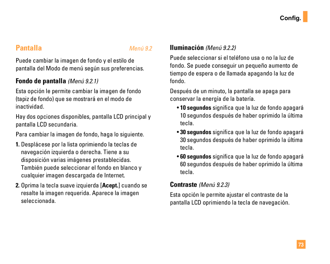 LG Electronics F9200 manual Pantalla, Fondo de pantalla Menú, Iluminación Menú, Config, Contraste Menú 