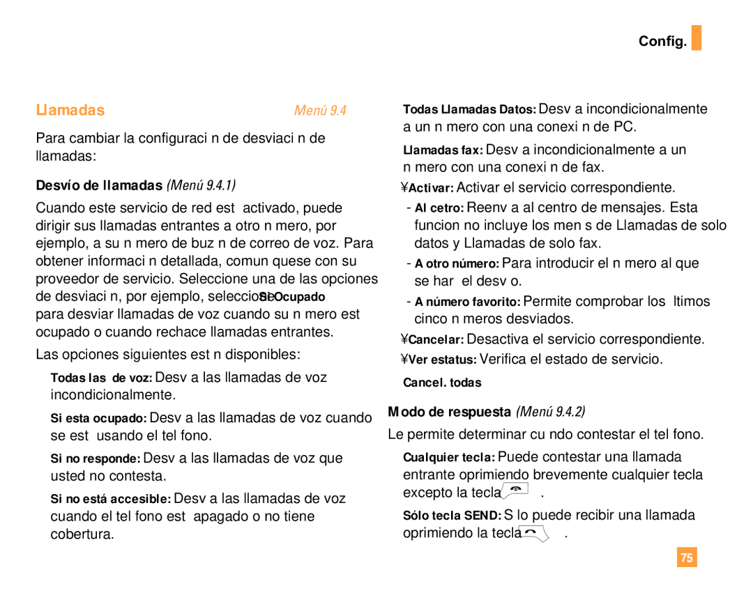 LG Electronics F9200 manual Llamadas, Desvío de llamadas Menú, Modo de respuesta Menú, Cancel. todas 