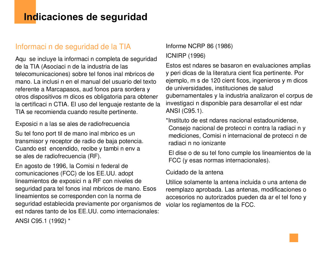 LG Electronics F9200 Indicaciones de seguridad, Información de seguridad de la TIA, Ansi C95.1 Informe Ncrp 86 Icnirp 