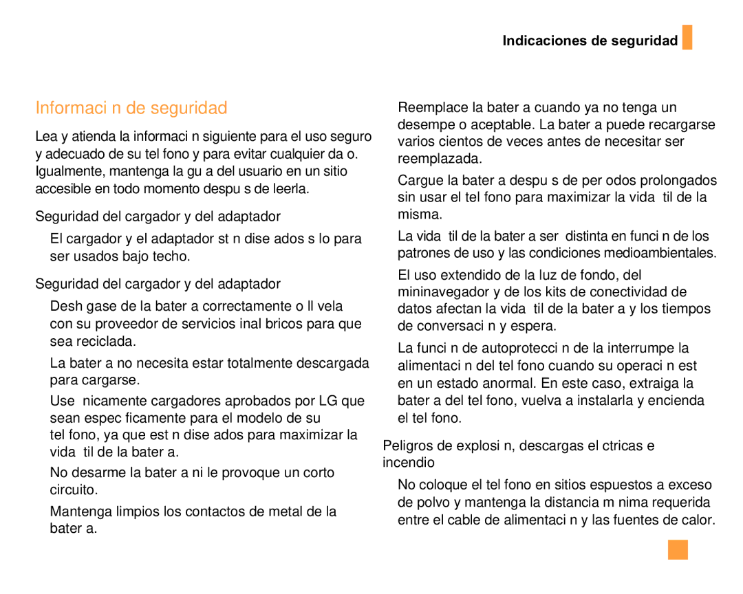 LG Electronics F9200 manual Información de seguridad, Seguridad del cargador y del adaptador 