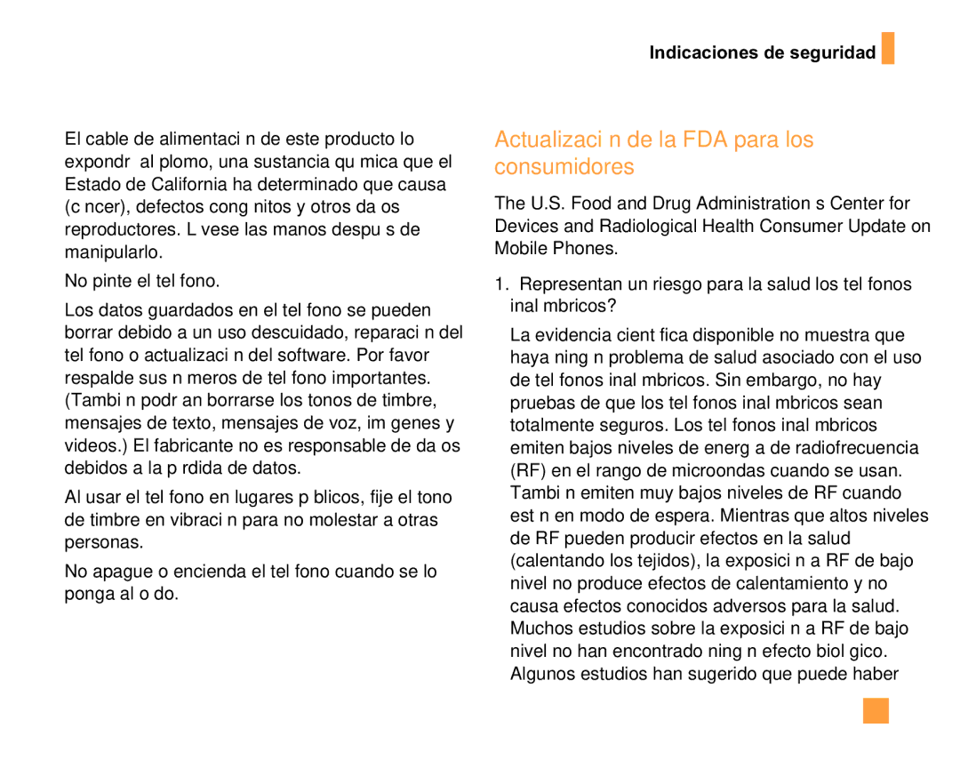 LG Electronics F9200 manual Actualización de la FDA para los consumidores 