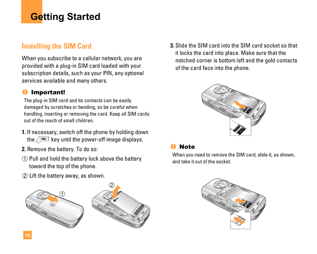 LG Electronics F9200 manual Getting Started, Installing the SIM Card 