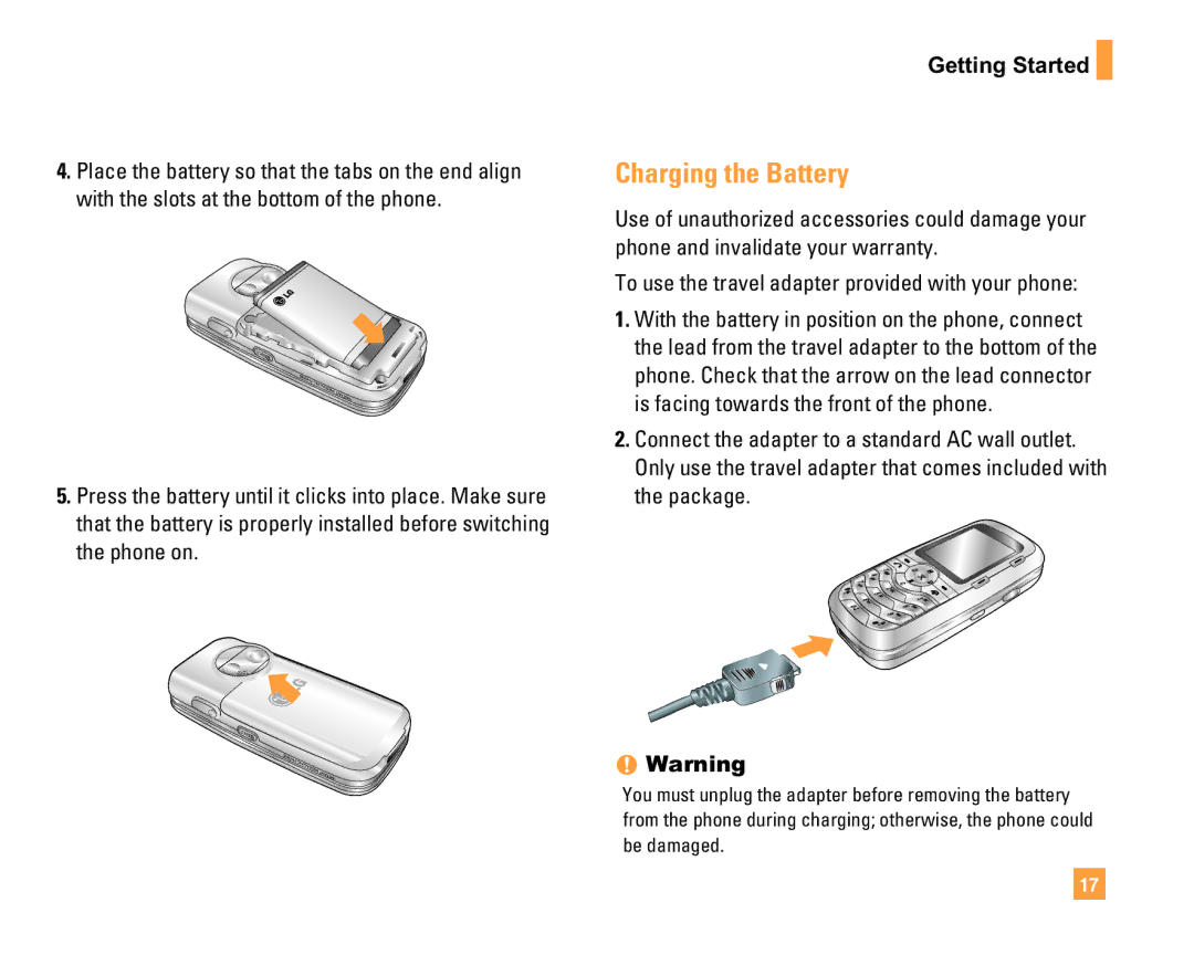 LG Electronics F9200 manual Charging the Battery, Getting Started, To use the travel adapter provided with your phone 