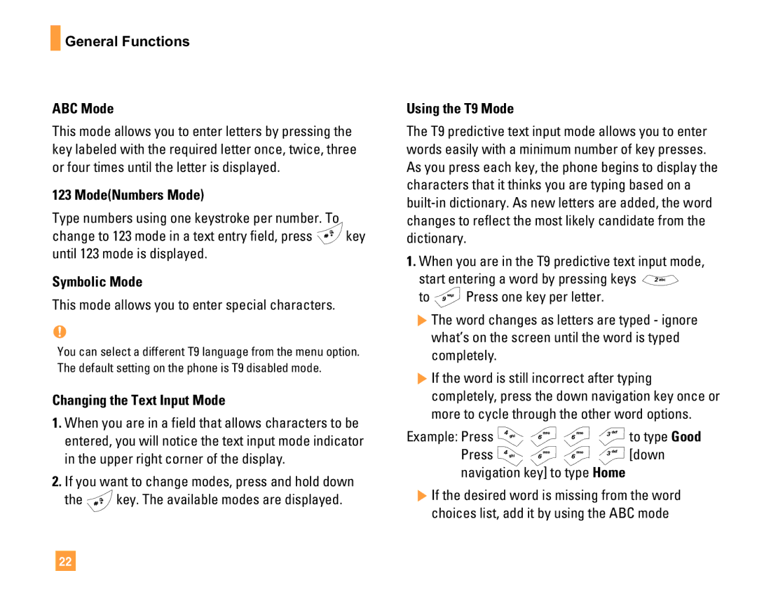 LG Electronics F9200 manual General Functions ABC Mode, ModeNumbers Mode, Symbolic Mode, Changing the Text Input Mode 