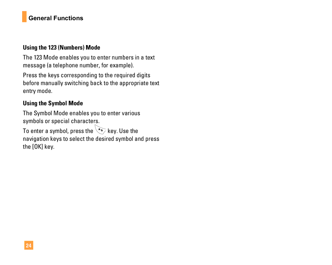 LG Electronics F9200 manual General Functions Using the 123 Numbers Mode, Using the Symbol Mode 