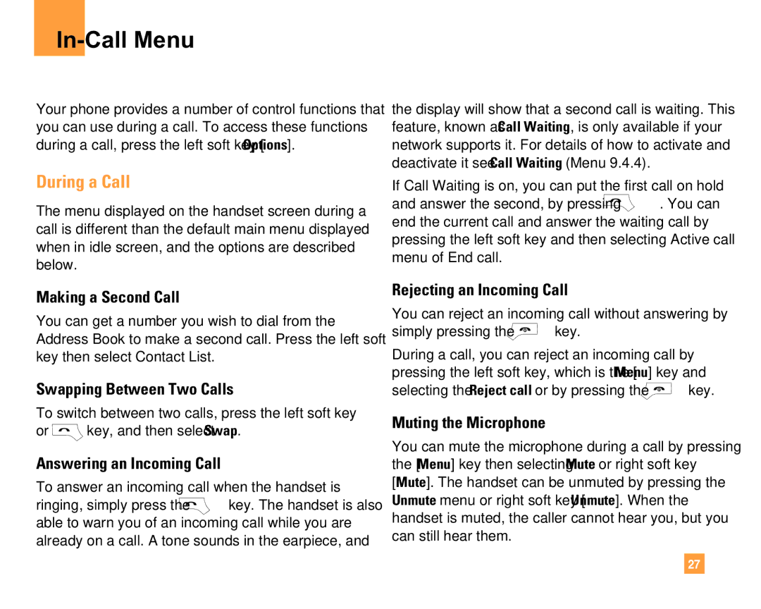 LG Electronics F9200 manual In-Call Menu, During a Call 