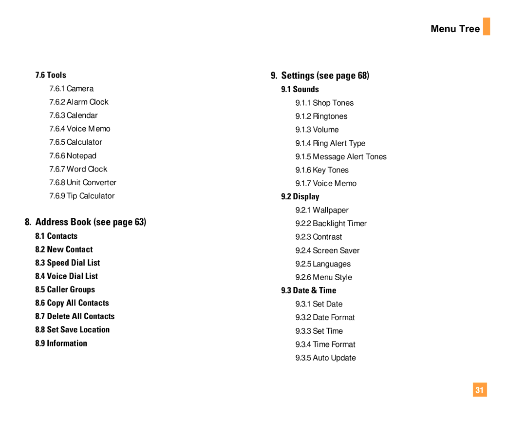 LG Electronics F9200 manual Address Book see, Menu Tree Settings see 