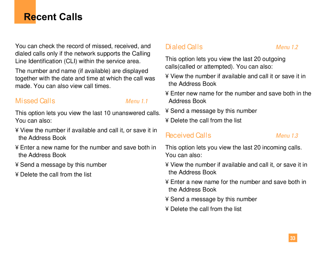 LG Electronics F9200 manual Recent Calls, Missed Calls, Dialed Calls, Received Calls 