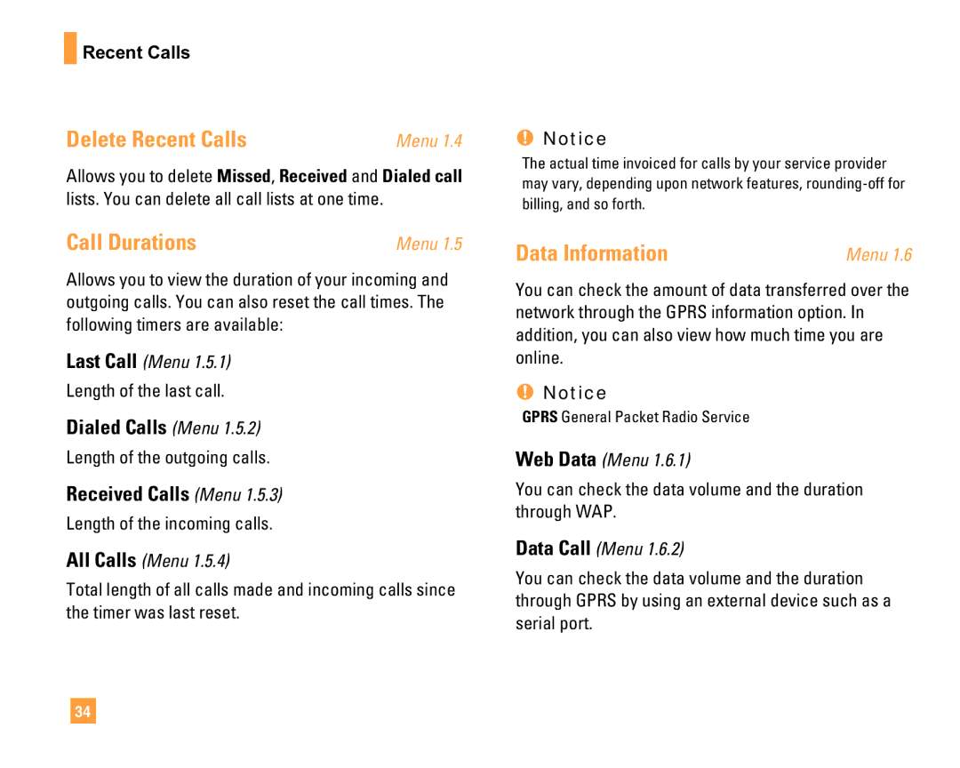 LG Electronics F9200 manual Delete Recent Calls, Call Durations, Data Information, Dialed Calls Menu, Received Calls Menu 